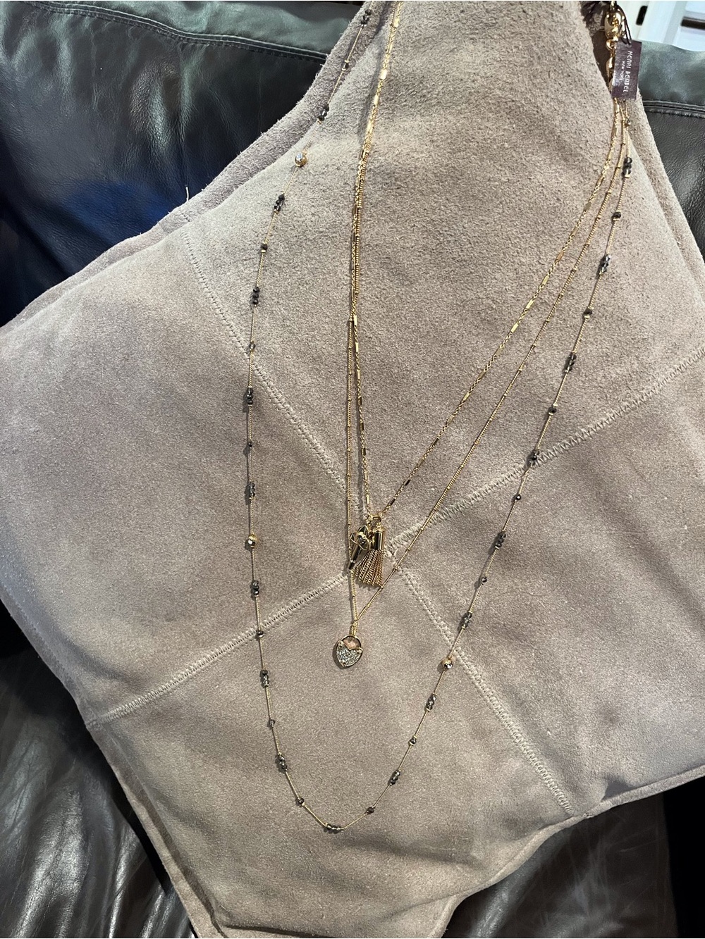 NWT Henri Bendel Gold Layered Charm Necklace with Heart, Floral Key and Tassel